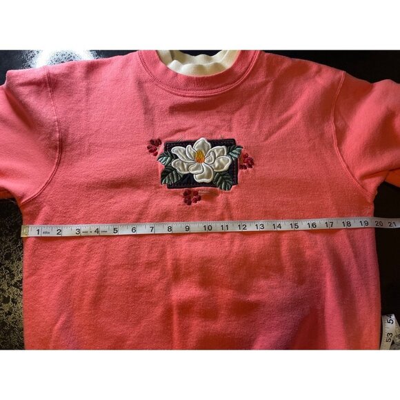 Vintage 90s Flower Embroidered Top Stitch Pink Pullover Sweatshirt Top - Picture 6 of 9